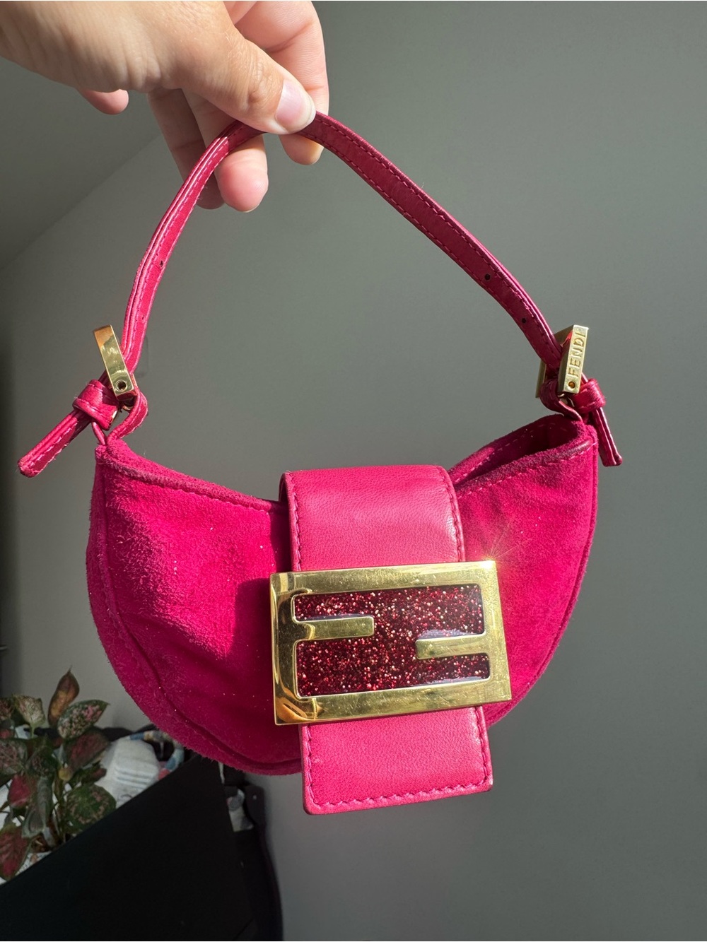 Rare Vintage Fendi Croissant Bag Pink Suede Glitter FF Logo Y2K Made in Italy